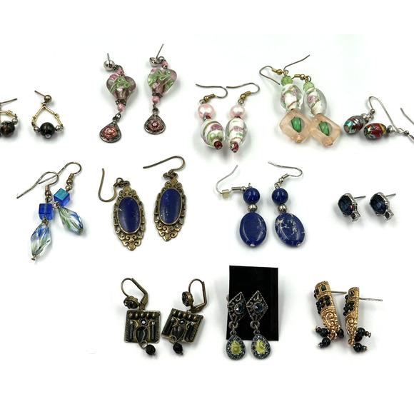 Lot of 12 Pierced Earrings Bead Dangle Art Glass Lapis Lazuli Boho Victorian - Picture 1 of 11